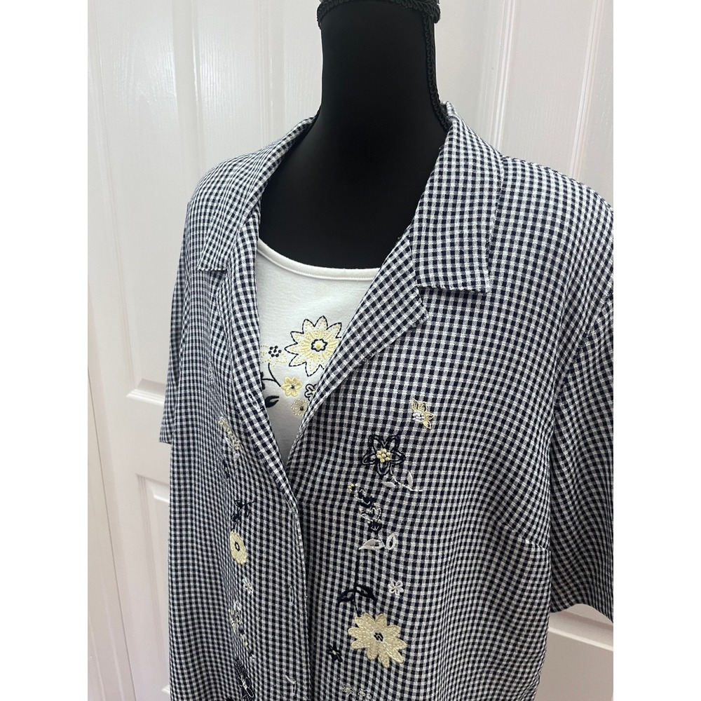 Koret Gingham Embroidered 2 in 1 Top Womens 18W Navy White Excellent Vintage 90s